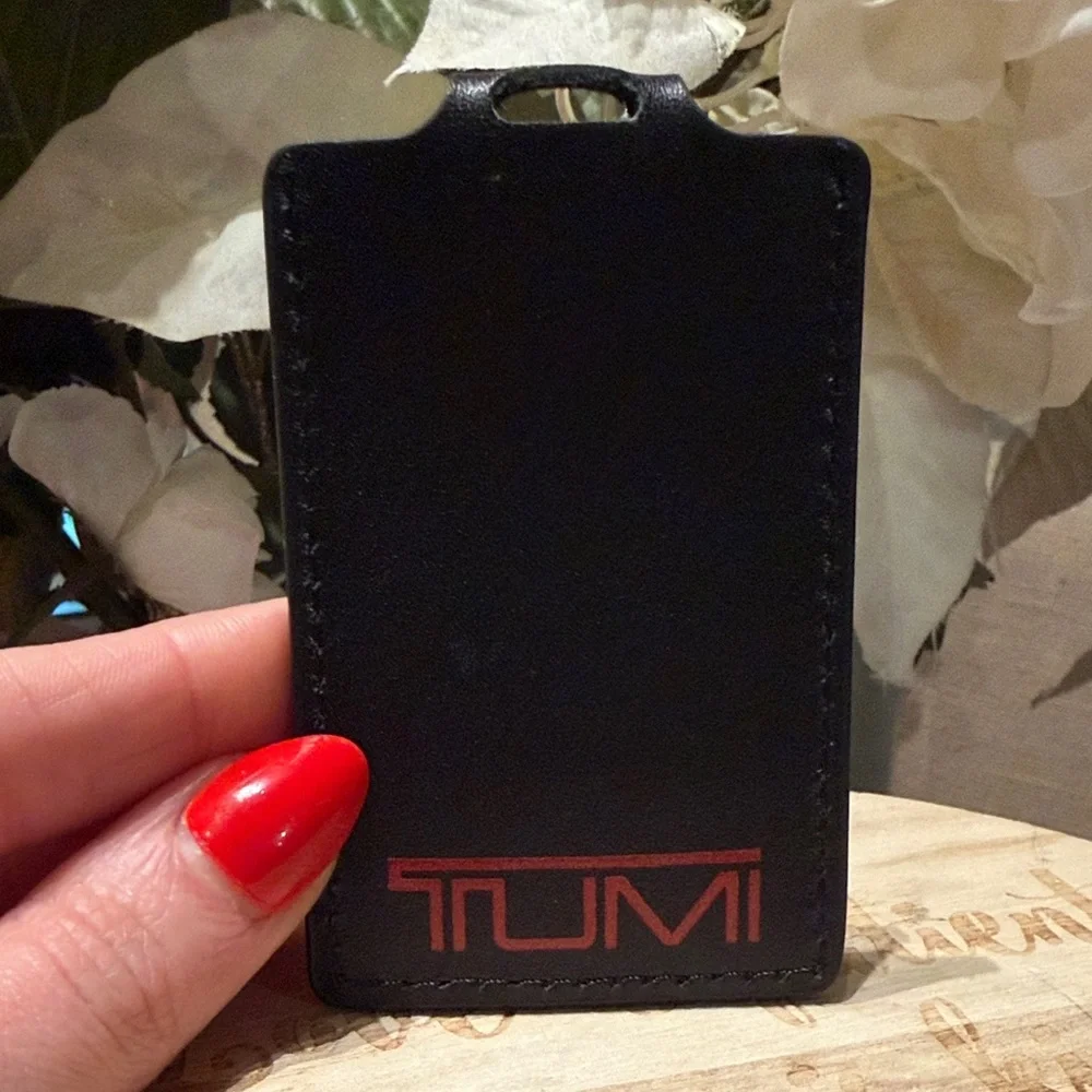 TUMI Black Leather luggage TAG NEW Missing strap